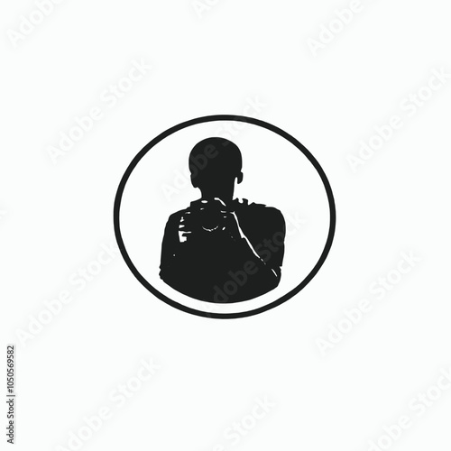 A black silhouette of a young man with short dark hair wearing a camera and taking a photo,