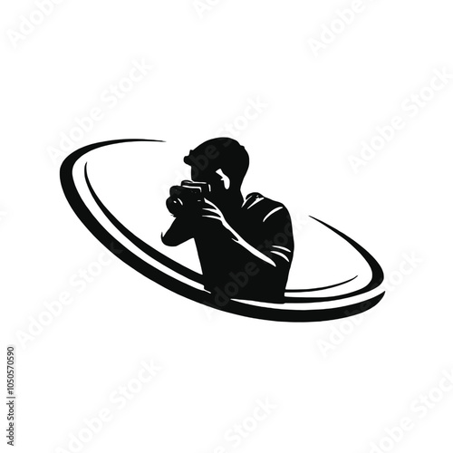 A black silhouette of a young man with short dark hair wearing a camera and taking a photo,
