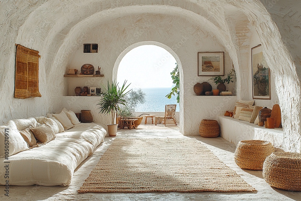 A stylish Boho Mediterranean bedroom showcasing a mix of colorful cushions, patterned rugs, and natural light streaming through sheer curtains A stylish Boho Mediterranean bedroom showcasing a mix of colorful cushions, patterned rugs, and natural light streaming through sheer curtains