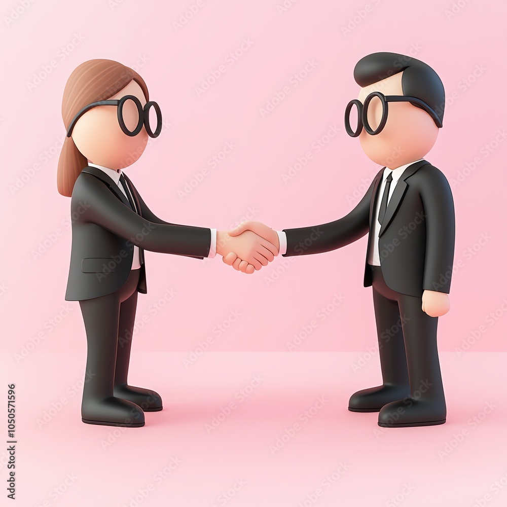 Fototapeta premium Two cartoon figures in business suits shake hands against a pink background, symbolizing professionalism and cooperation.
