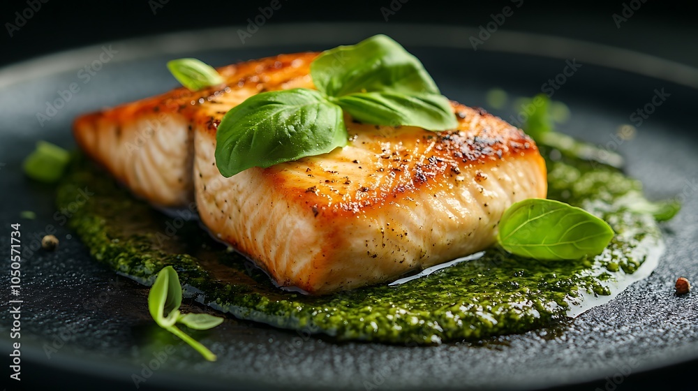 Salmon fillet with a generous drizzle of pesto, presented on a dark textured plate, garnished with fresh basil leaves, soft light casting gentle shadows, rustic feel with a dark background, Salmon fillet with a generous drizzle of pesto, presented on a dark textured plate, garnished with fresh basil leaves, soft light casting gentle shadows, rustic feel with a dark background,