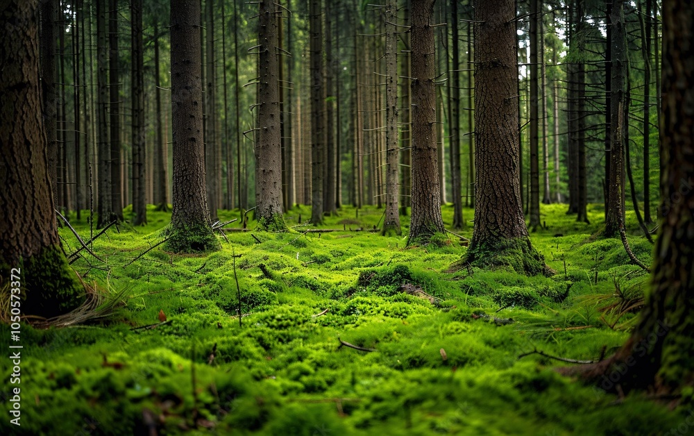 Obraz premium Elvish pine and fir forest with green moss covering