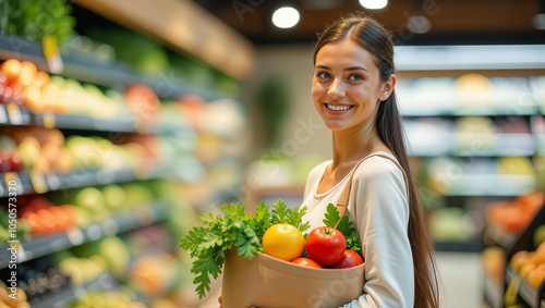 Fototapeta Naklejka Na Ścianę i Meble -  Young woman shopping fruits, vegetables and greens in supermarket