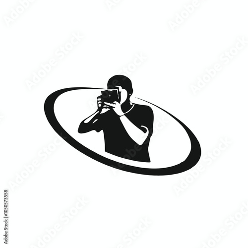 A black silhouette of a young man with short dark hair wearing a camera and taking a photo,