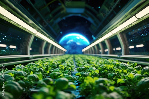 Rows of vibrant green plants flourish under artificial light in a space station greenhouse, showcasing sustainable agriculture beyond earth photo