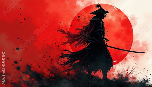 samurai warrior with sword silhouette, red, illustration