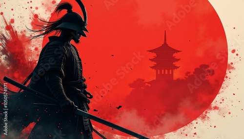 samurai warrior with sword silhouette, red, illustration
