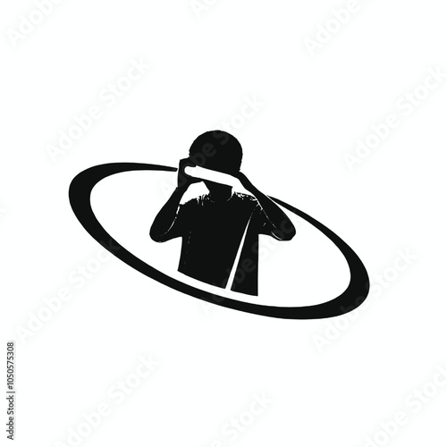 A black silhouette of a young man with short dark hair wearing a camera and taking a photo,