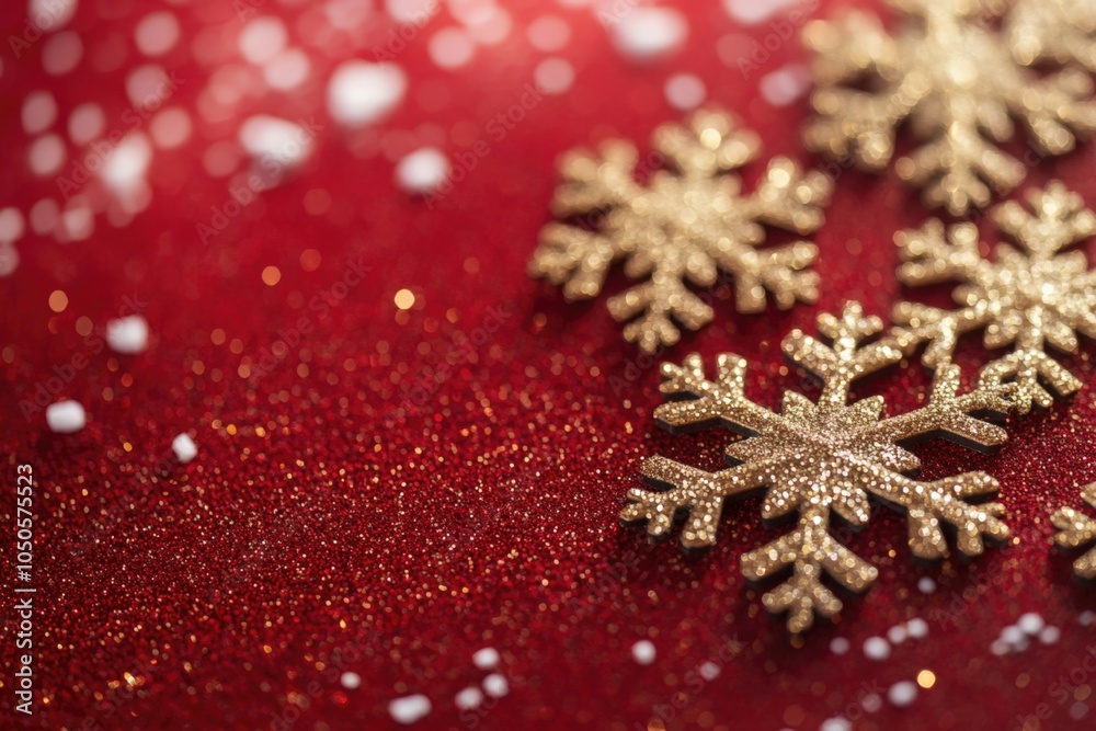 Golden snowflakes decorations on sparkling red background creating a festive christmas atmosphere Golden snowflakes decorations on sparkling red background creating a festive christmas atmosphere