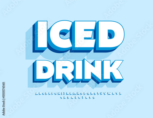 Vector advertising banner Iced Drink. Creative White 3D Font. Artistic Alphabet Letters and Numbers.