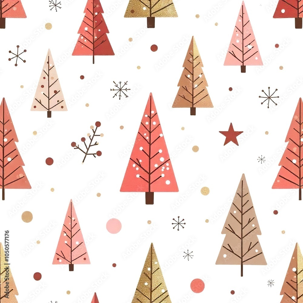 A seamless pattern with various stylized Christmas trees of pink, brown, and gold. The background is white with scattered snowflakes and other decorative elements. simple geometric shapes A seamless pattern with various stylized Christmas trees of pink, brown, and gold. The background is white with scattered snowflakes and other decorative elements. simple geometric shapes