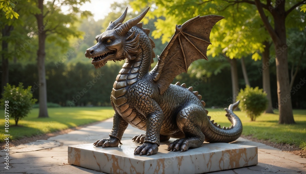 Dragon Statue in Park with Green Tree Background Dragon Statue in Park with Green Tree Background