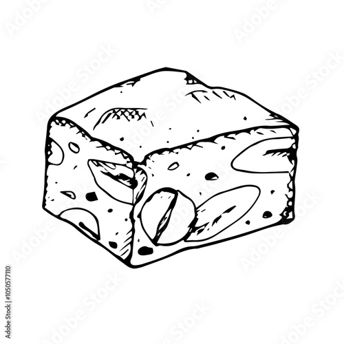 Hand drawn vector illustration of stacked nougat pieces with visible almonds and nuts. Traditional Christmas sweet turron. Ideal for dessert menus, confectionery packaging and holiday-themed designs