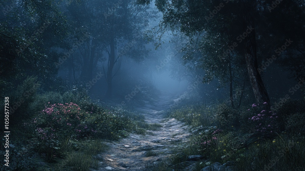 A winding path through a misty forest, illuminated by a soft light at the end, with pink flowers blooming on the sides. A winding path through a misty forest, illuminated by a soft light at the end, with pink flowers blooming on the sides.
