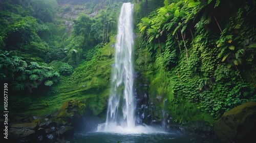 A stunning view of a tropical waterfall cascading into a lush jungle pool, exotic setting with vibrant greenery, Natural style