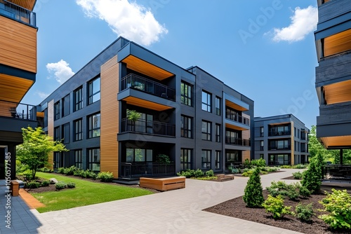 Modern apartment buildings on a sunny day with a blue sky. Facade of a modern apartment building