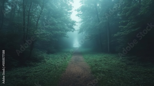 A misty forest path disappears into the fog, creating an ethereal and mysterious atmosphere.