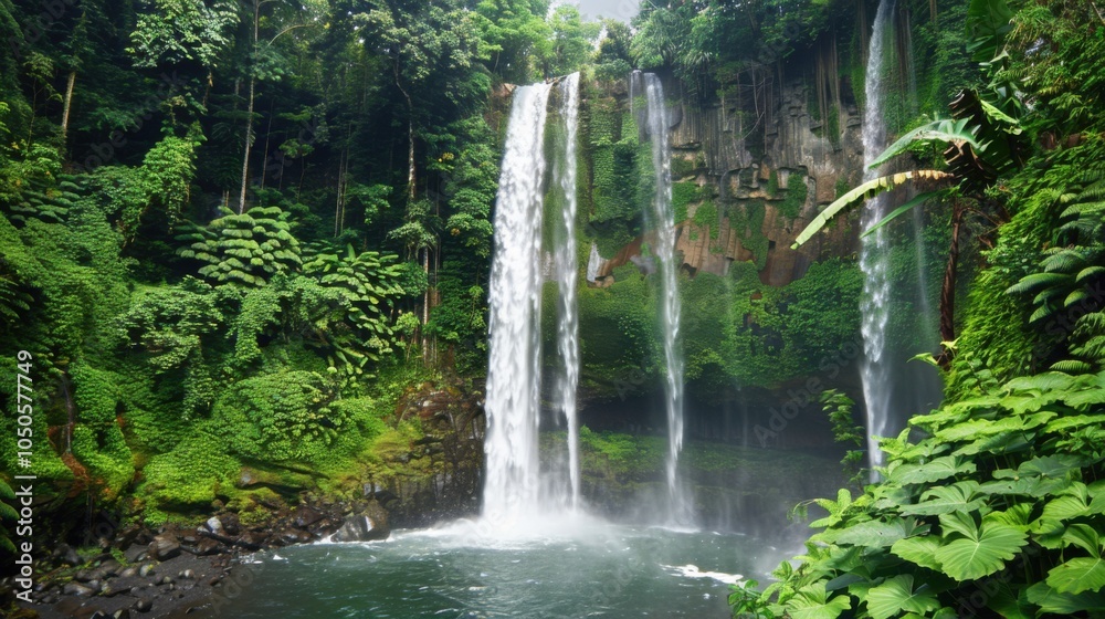 A stunning view of a tropical waterfall cascading into a lush jungle pool, exotic setting with vibrant greenery, Natural style A stunning view of a tropical waterfall cascading into a lush jungle pool, exotic setting with vibrant greenery, Natural style