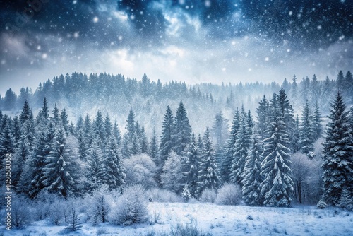 Winter snowstorm forest landscape background with gloomy sky