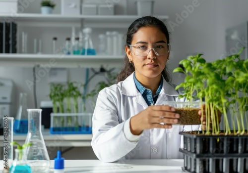 Scientist analyzing genetically modified grains for sustainable agriculture and food production in modern laboratory photo