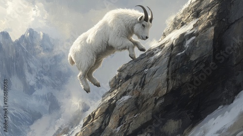 An agile mountain goat navigating a nearly vertical rocky cliff, perfectly balanced as it ascends the treacherous terrain with ease. photo