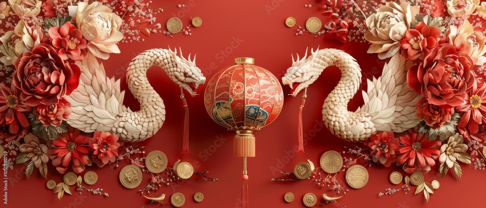festive and celebratory graphic illustration for Chinese New Year 2025, featuring intertwined snakes encircling a traditional lantern . ai generated
