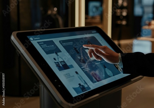 Businessman using interactive digital kiosk to browse products in a modern retail store, enhancing shopping experience photo