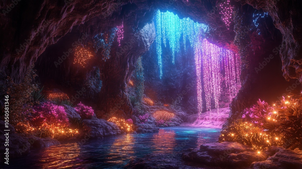 A mystical cave with a waterfall glowing with neon blue and purple light, surrounded by lush greenery and glowing orbs. A mystical cave with a waterfall glowing with neon blue and purple light, surrounded by lush greenery and glowing orbs.