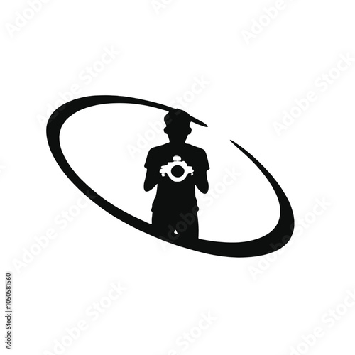 A black silhouette of a young man with short dark hair wearing a camera and taking a photo,