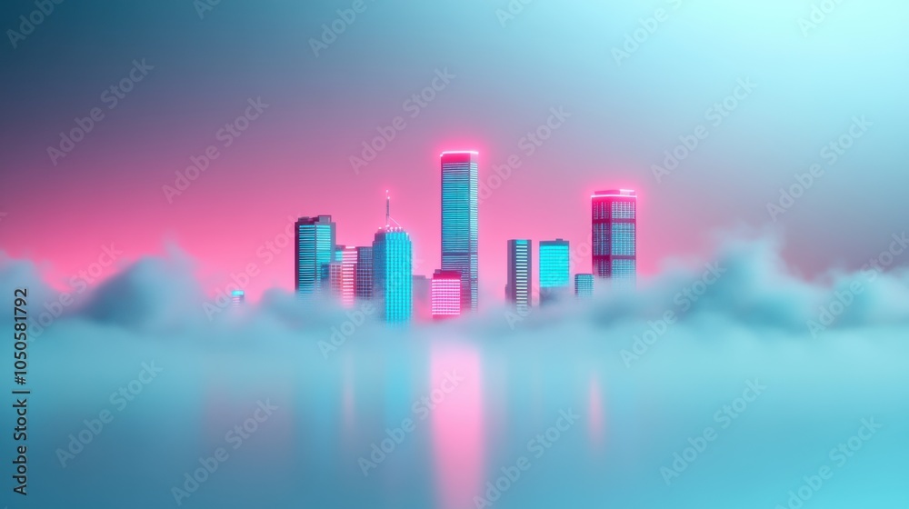Fototapeta premium A bustling city skyline where neon signs bleed into the night sky, creating a surreal, ethereal atmosphere.