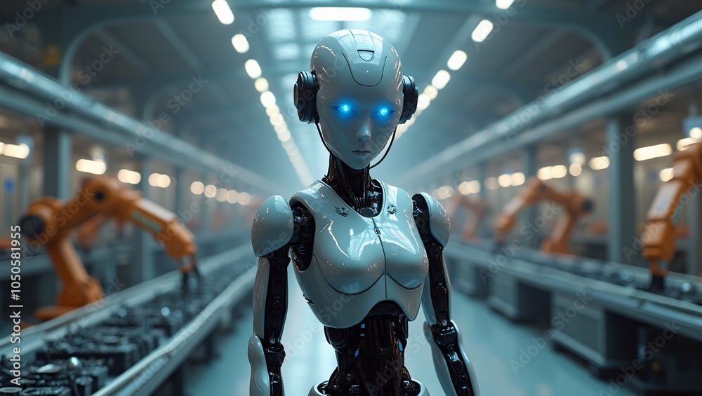 Futuristic humanoid robot in factory with glowing eyes and robotic arms assembling parts Futuristic humanoid robot in factory with glowing eyes and robotic arms assembling parts