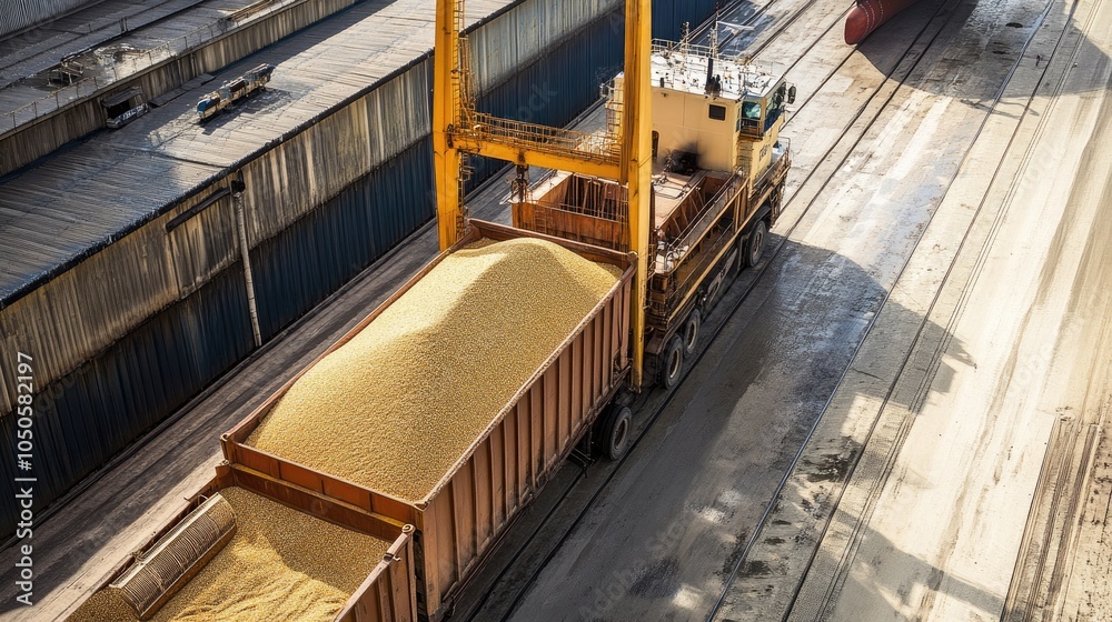 Container Load Grain Containers filled with grain being transferred from a truck to a cargo ...