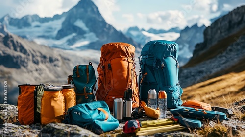 A stylish selection of outdoor hiking gear, including backpacks and water bottles, arranged on rugged terrain with beautiful mountains framing the scene photo