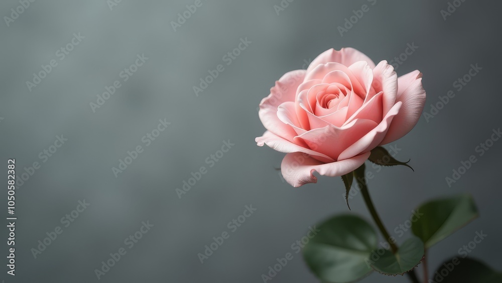 Delicate pink rose blooming against a soft blurred green background Delicate pink rose blooming against a soft blurred green background