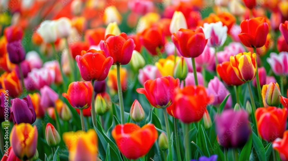A stunning view of the colorful tulip fields in Keukenhof, Netherlands, with vibrant blooms stretching as far as the eye can see A stunning view of the colorful tulip fields in Keukenhof, Netherlands, with vibrant blooms stretching as far as the eye can see