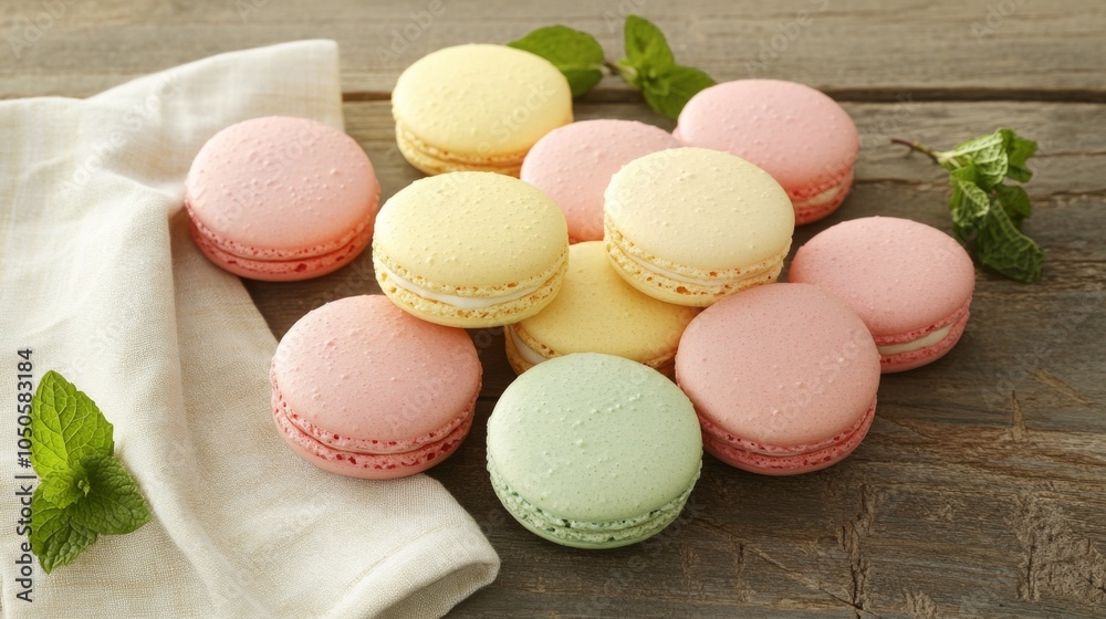 Obraz premium Colorful Macarons on Wooden Table with Mint Leaves
