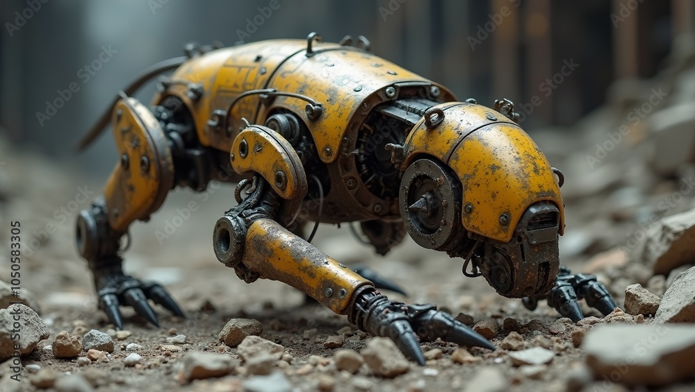 Robot dog with retractable claws scavenging in factory rubble storing metal piece on its back Robot dog with retractable claws scavenging in factory rubble storing metal piece on its back