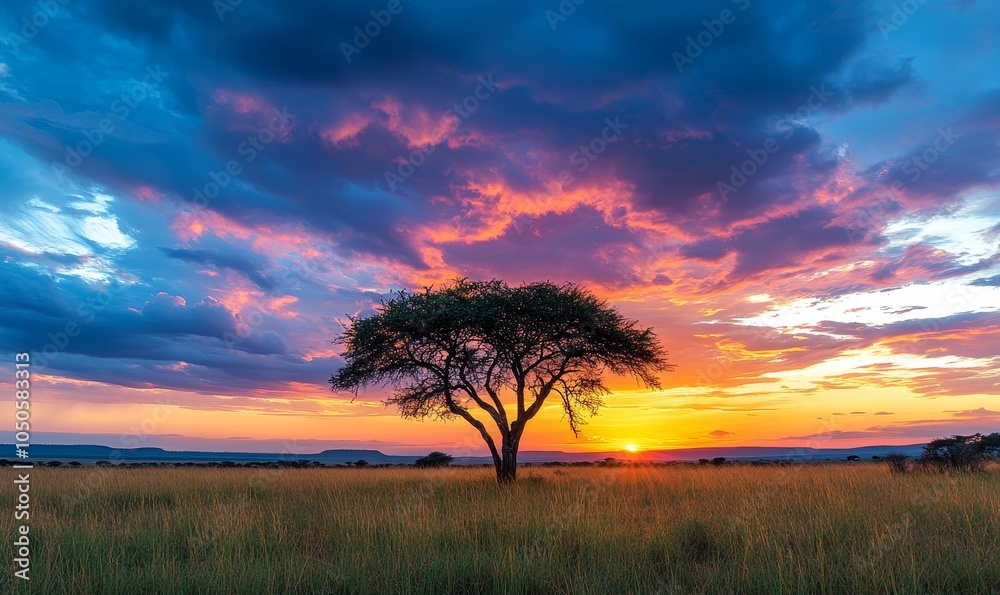 Obraz premium Majestic African Savanna Sunset with Dramatic Sky and Acacia Tree, Vibrant Colors, Tranquil Landscape, Nature's Serenity, Perfect for Travel and Nature Themes, Natural Beauty, Safari, Generative AI