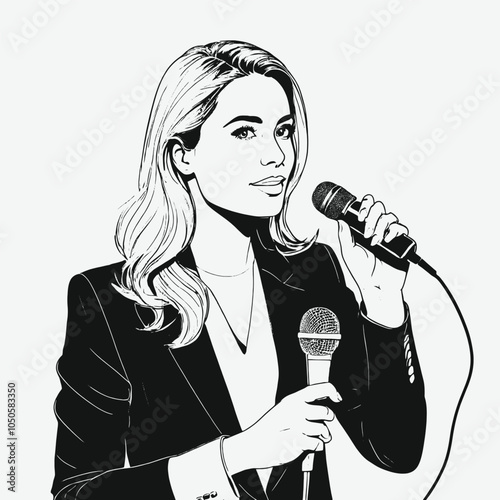 journalist with a microphone in her hands. Reporter reporting. One continuous line .Line art. Minimal single, isolated white background