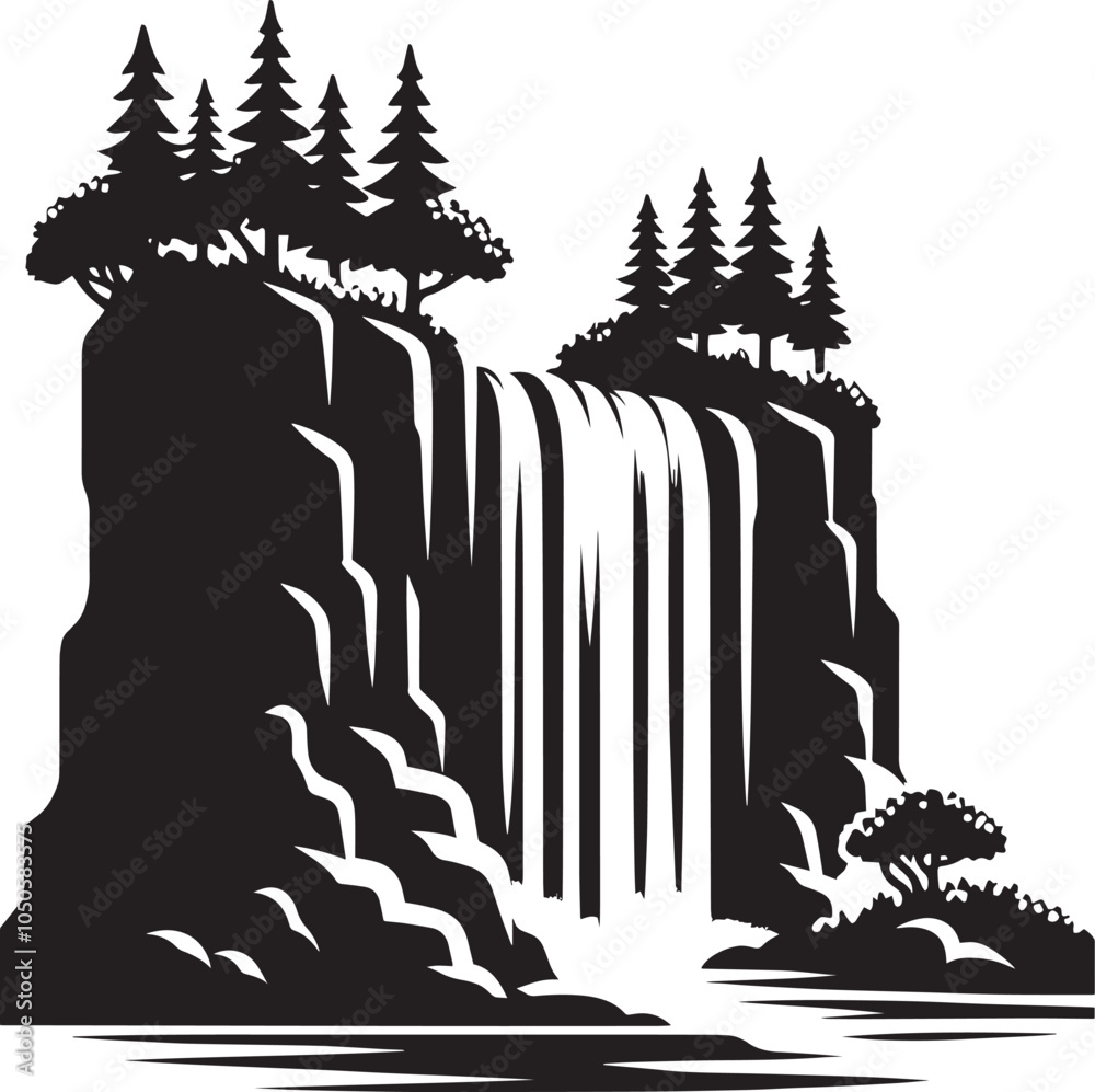 Beautiful waterfall silhouette vector illustration isolated on a white background Beautiful waterfall silhouette vector illustration isolated on a white background