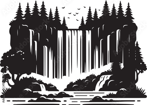 Beautiful waterfall silhouette vector illustration isolated on a white background