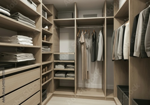 Modern and spacious walk-in closet showcasing various clothes, promoting organized living and demonstrating effective storage solutions photo