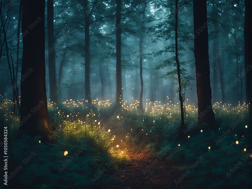 Enchanted Forest at Night with Glowing Fireflies Enchanted Forest at Night with Glowing Fireflies