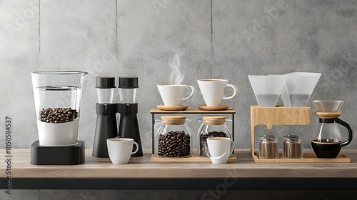A chic coffee setup featuring a minimalist design with artisanal cups, modern pour-over tools, and a variety of aromatic coffee beans on display