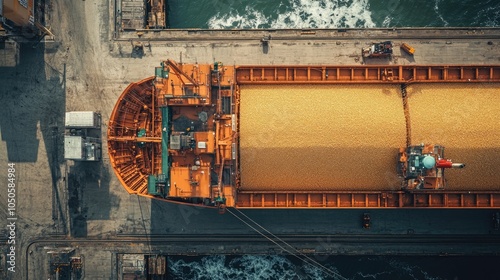 Workers at the port monitoring the loading of corn into a cargo ship, highlighting the essential role of shipping in the global grain trade.