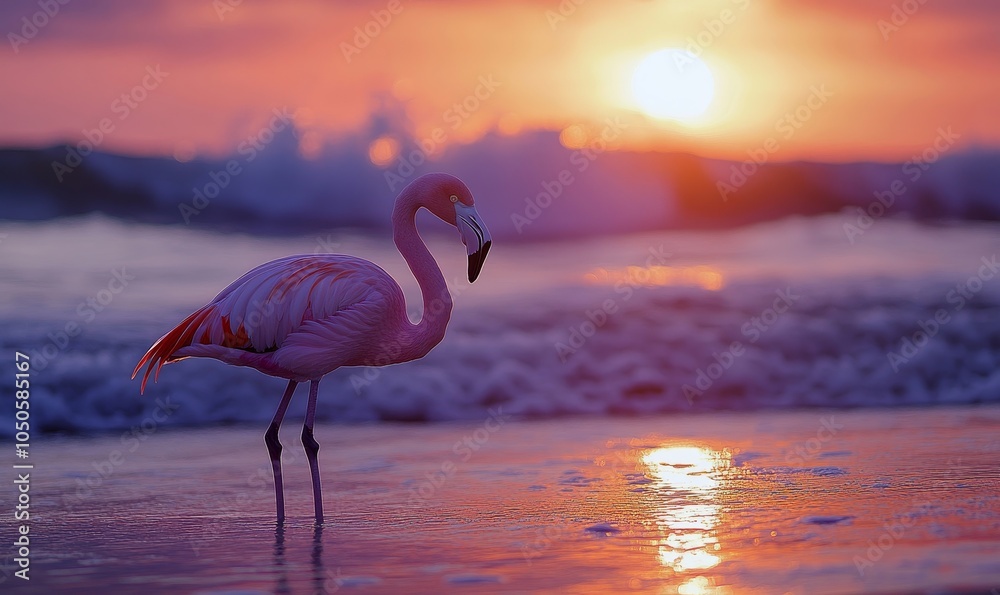 Fototapeta premium Pink Flamingo Standing on Serene Beach at Sunset with Colorful Sky and Waves Lapping the Shore, Perfect for Travel and Nature Themes, Generative AI