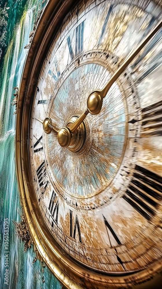 Obraz premium Closeup of a vintage clock with its hands spinning rapidly, symbolizing the concept of time flying by