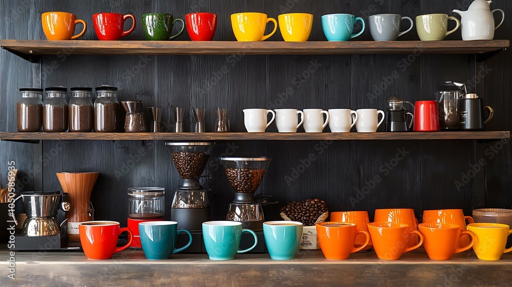 A stylishly organized coffee setup with vibrant artisanal cups, sleek pour-over equipment, and an assortment of premium coffee beans on display A stylishly organized coffee setup with vibrant artisanal cups, sleek pour-over equipment, and an assortment of premium coffee beans on display