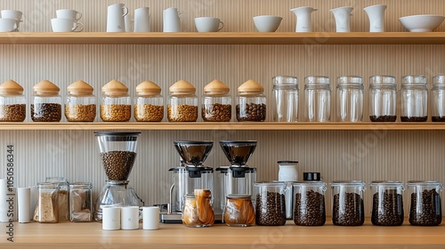Wallpaper Mural A well-arranged coffee station featuring modern pour-over equipment, an array of artisanal cups, and various types of coffee beans in jars Torontodigital.ca
