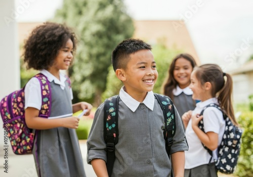 Group of happy multi-ethnic classmates wearing school uniform and carrying backpacks, smiling and chatting together outdoors
